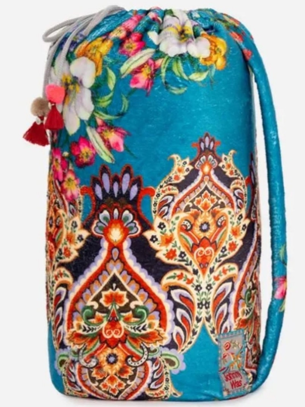 Johnny Was Turquoise Blue Floral Fuzzy Paisley Drawstring Blanket Pouch Bag OS